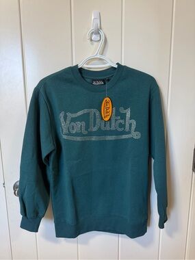 Von Dutch Green Crewneck Sweatshirt with Rhinestone Logo (New With Tags)